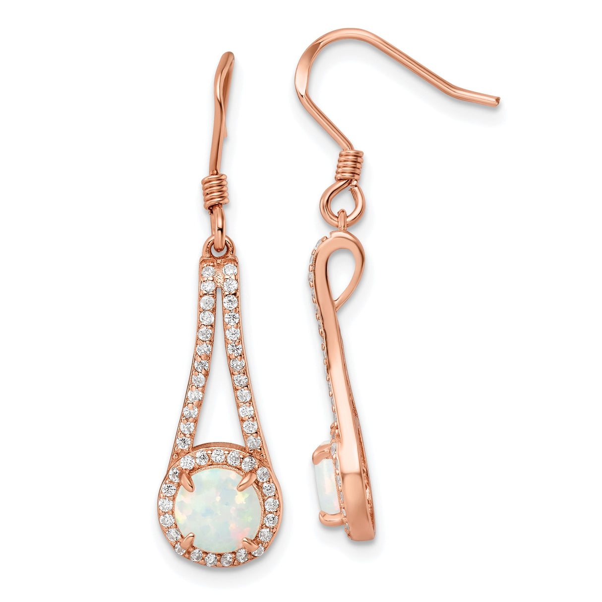 Sterling Silver Dangle Earrings with Created Opal and Cubic Zirconia Halo Teardrop Design