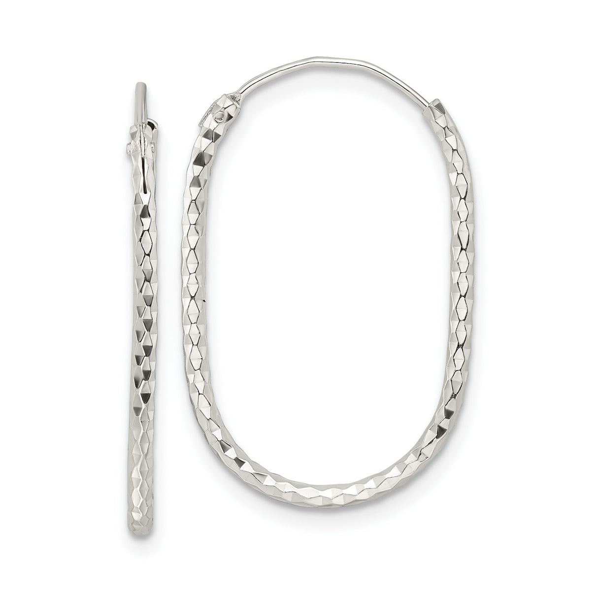Sterling Silver Oval Hoop Earrings, Diamond-Cut Faceted Texture, Polished Lightweight Design