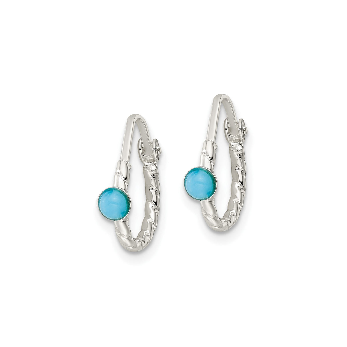 Sterling Silver Hoop Earrings with Turquoise Cabochon, Textured Teardrop, Boho Southwestern Style