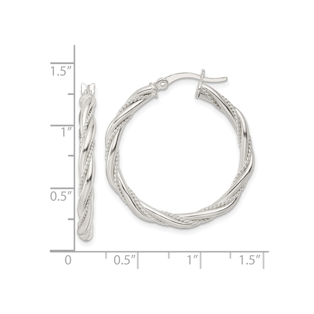 Sterling Silver Hoop Earrings, Twisted Rope Design with Polished and Textured Finish