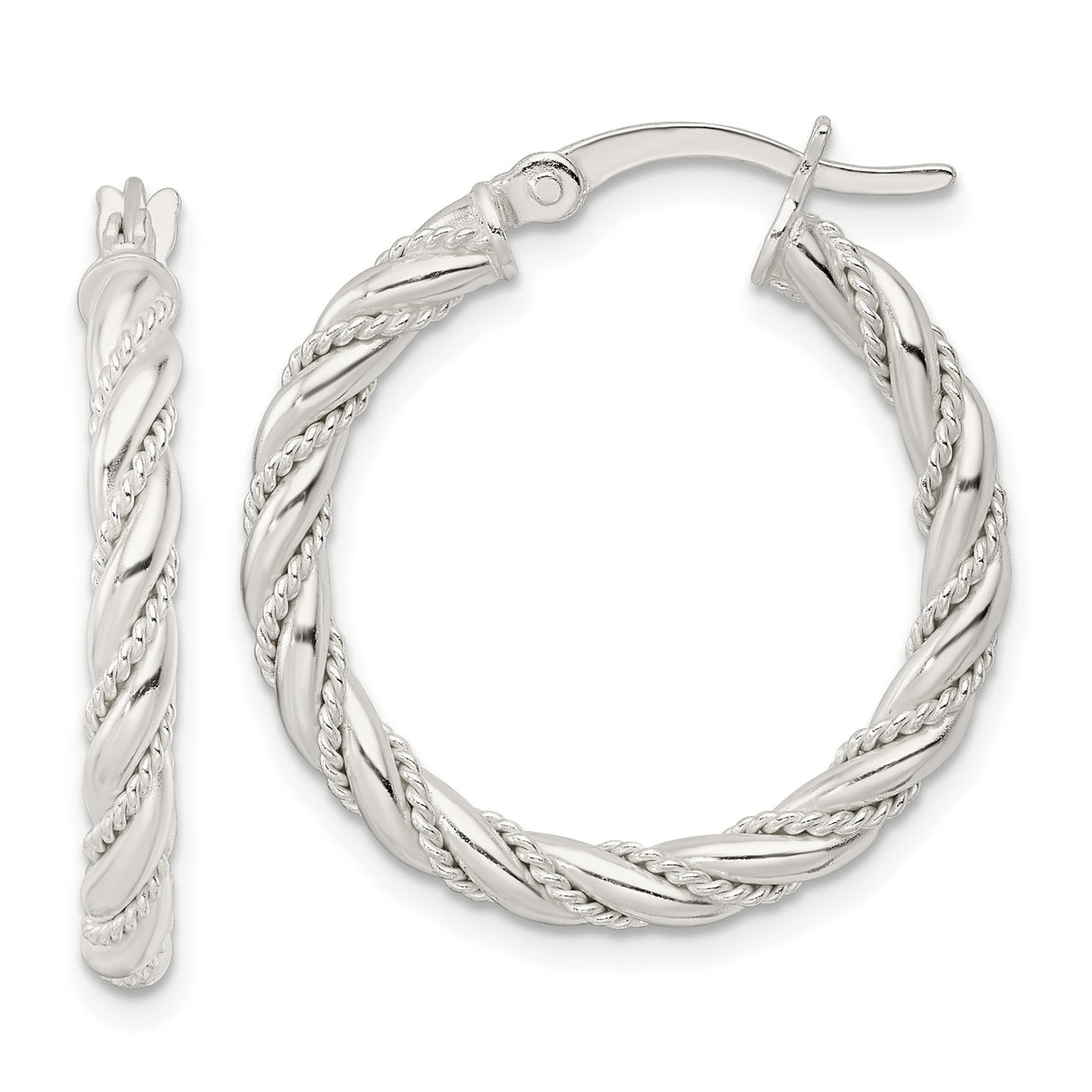 Sterling Silver Twisted Rope Hoop Earrings with Textured and Polished Finish for Women