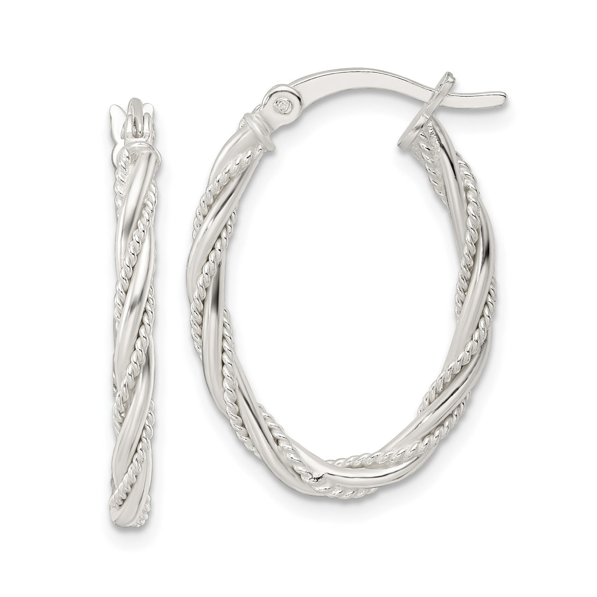 Sterling Silver Twisted Hoop Earrings with Polished Rope Texture, Medium Oval Design