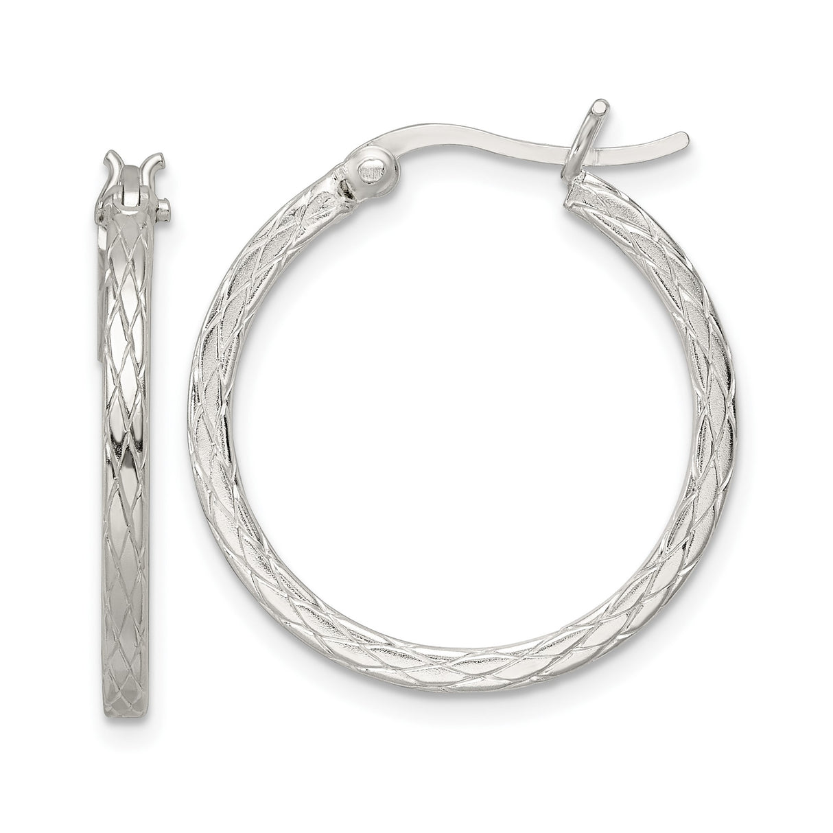 Sterling Silver Textured Hoop Earrings with Diamond Cut Engraving, Rhodium Plated Round Hoops