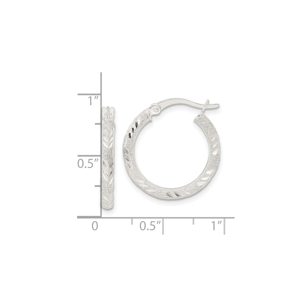 Sterling Silver Hoop Earrings with Textured Chevron Design and Glitter Finish