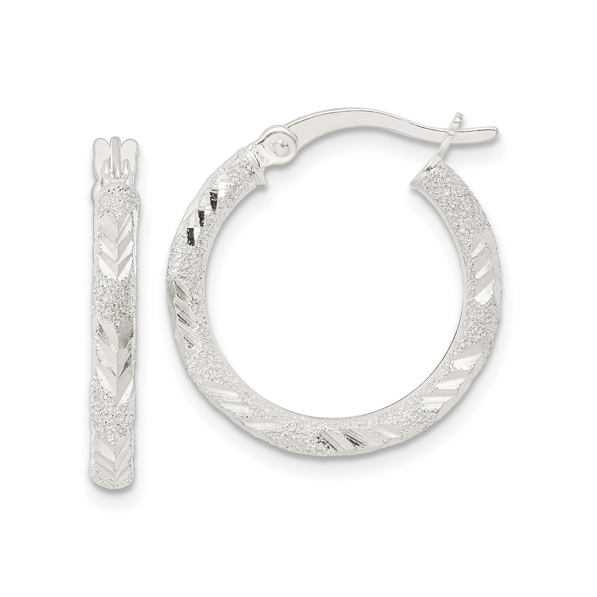 Sterling Silver Hoop Earrings with Textured Chevron Design and Glitter Finish