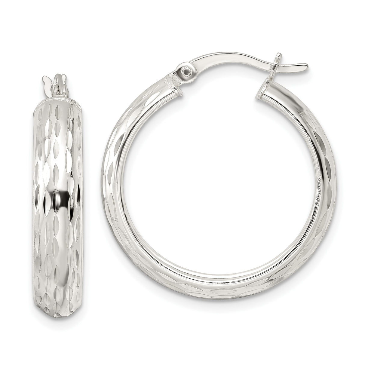 Sterling Silver Hoop Earrings, Diamond Cut Textured Round Hoops, Lightweight Classic Style