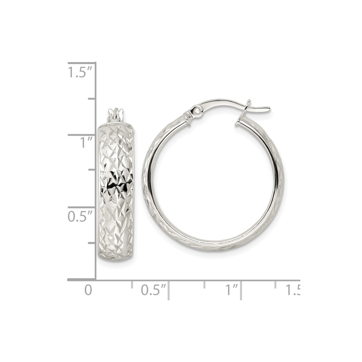 Sterling Silver Hoop Earrings with Diamond Cut Textured Design, Latch Back, Lightweight Style