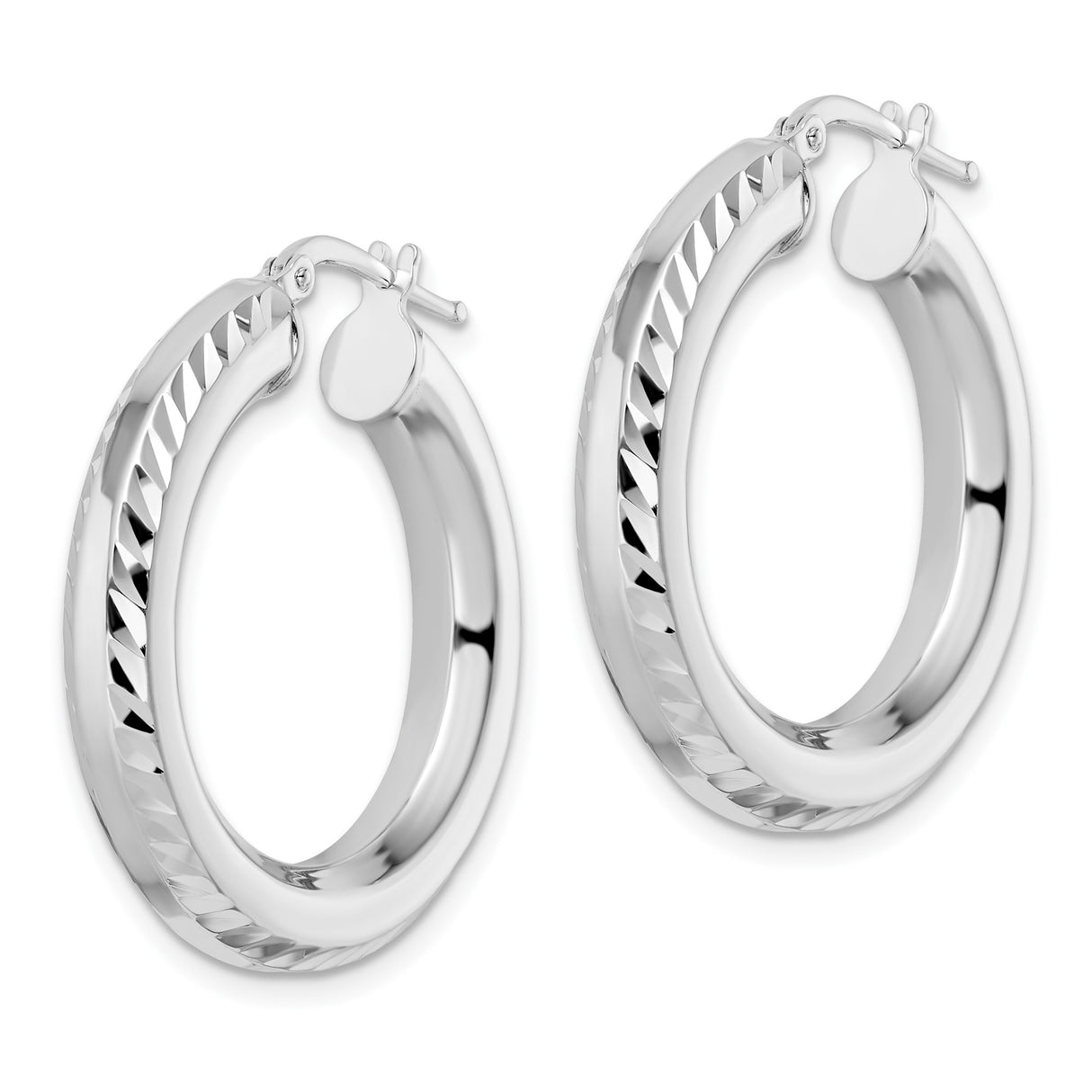 Sterling Silver Hoop Earrings, Medium Diamond Cut Polished Rhodium Plated Tube Hoops for Women