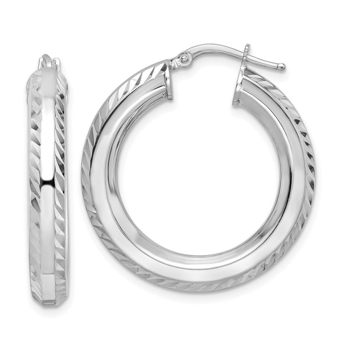 Sterling Silver Hoop Earrings, Medium Diamond Cut Polished Rhodium Plated Tube Hoops for Women