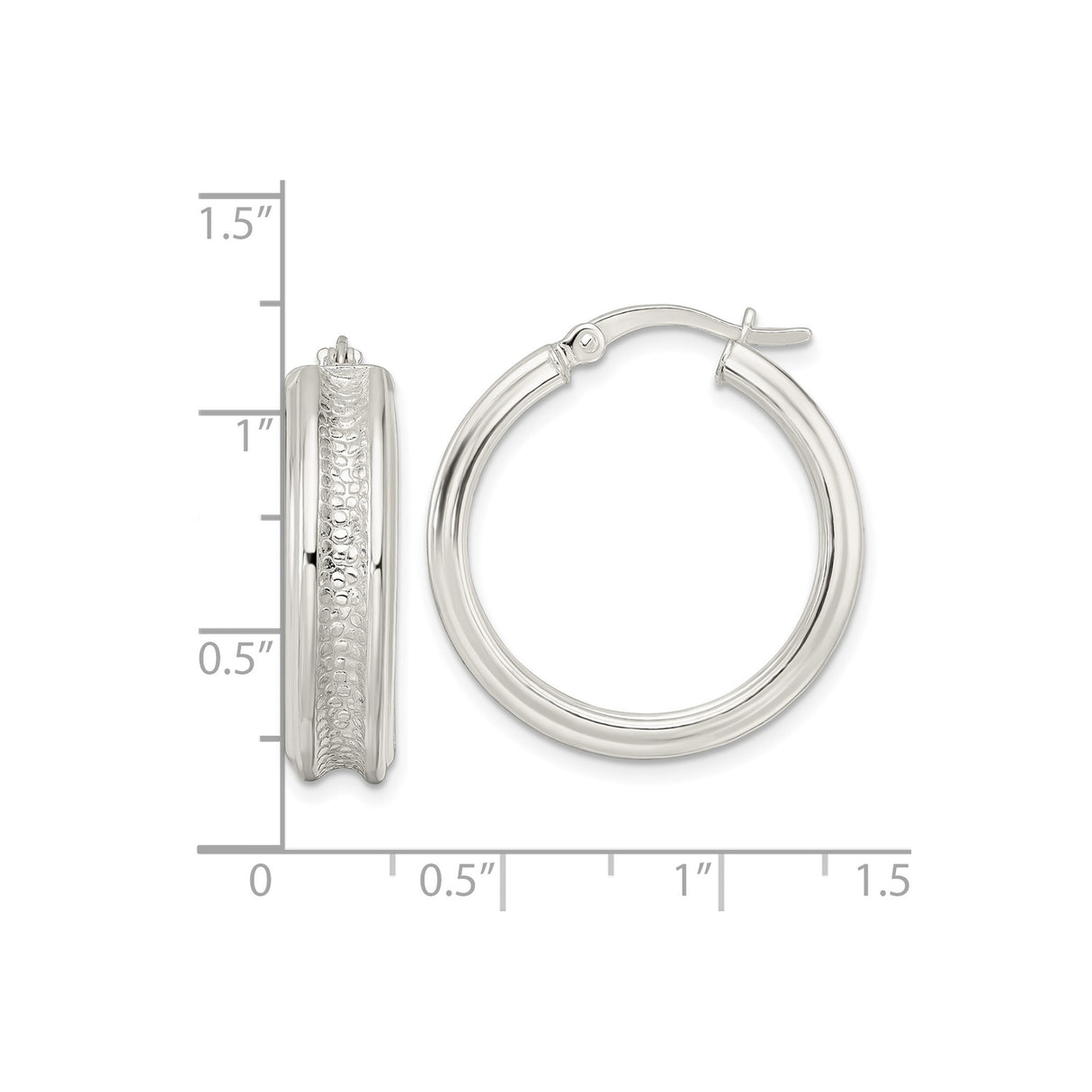 Sterling Silver Hoop Earrings with Textured Center Band and Polished Rim