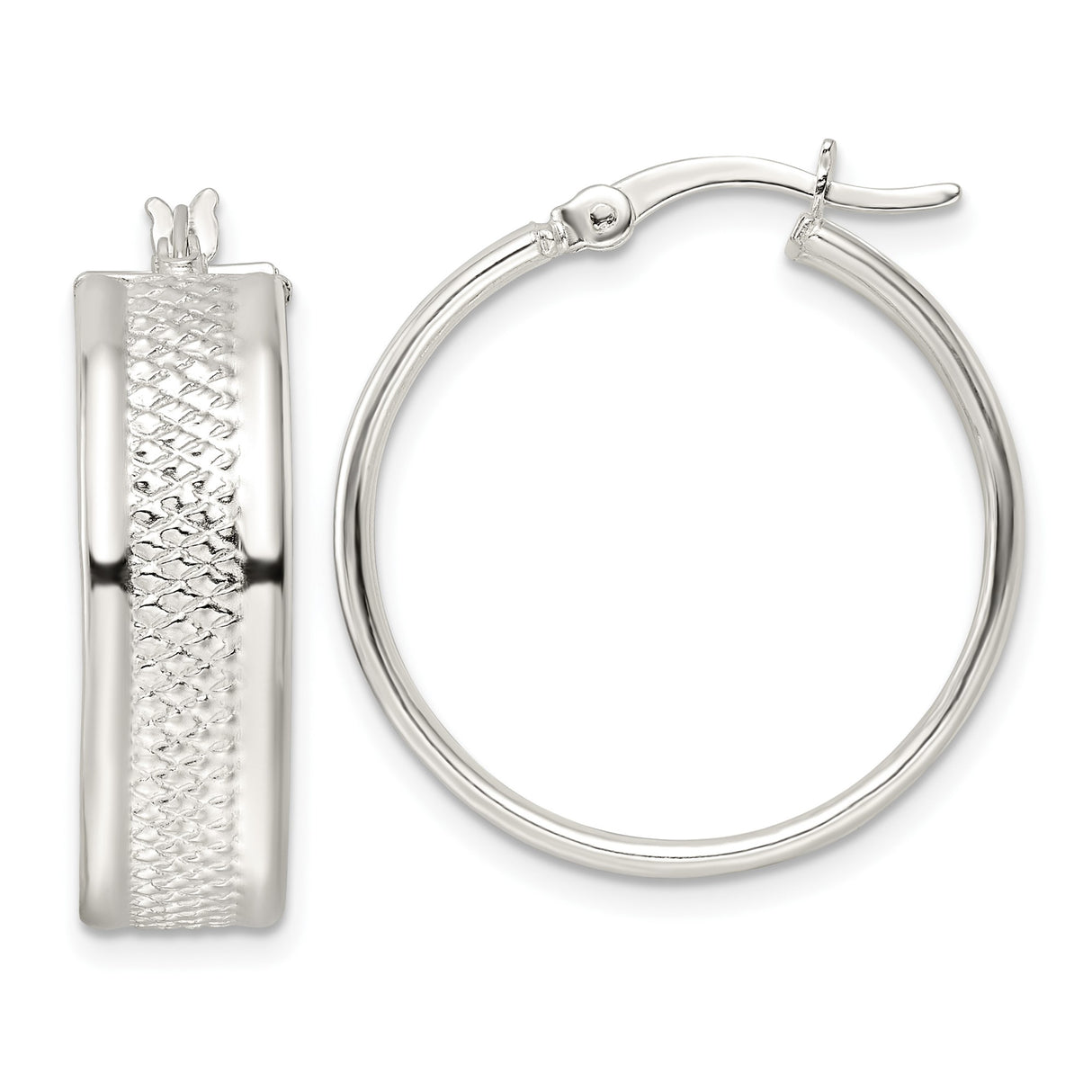 Sterling Silver Hoop Earrings with Polished Finish and Diamond Cut Texture