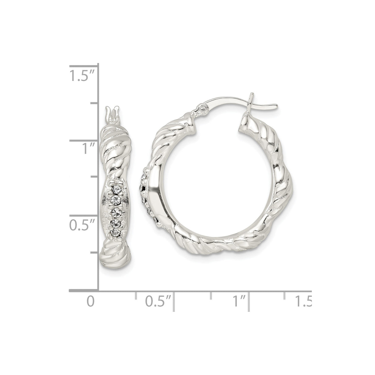 Sterling Silver Hoop Earrings with Cubic Zirconia, Twisted Rope Design, Scalloped Edges