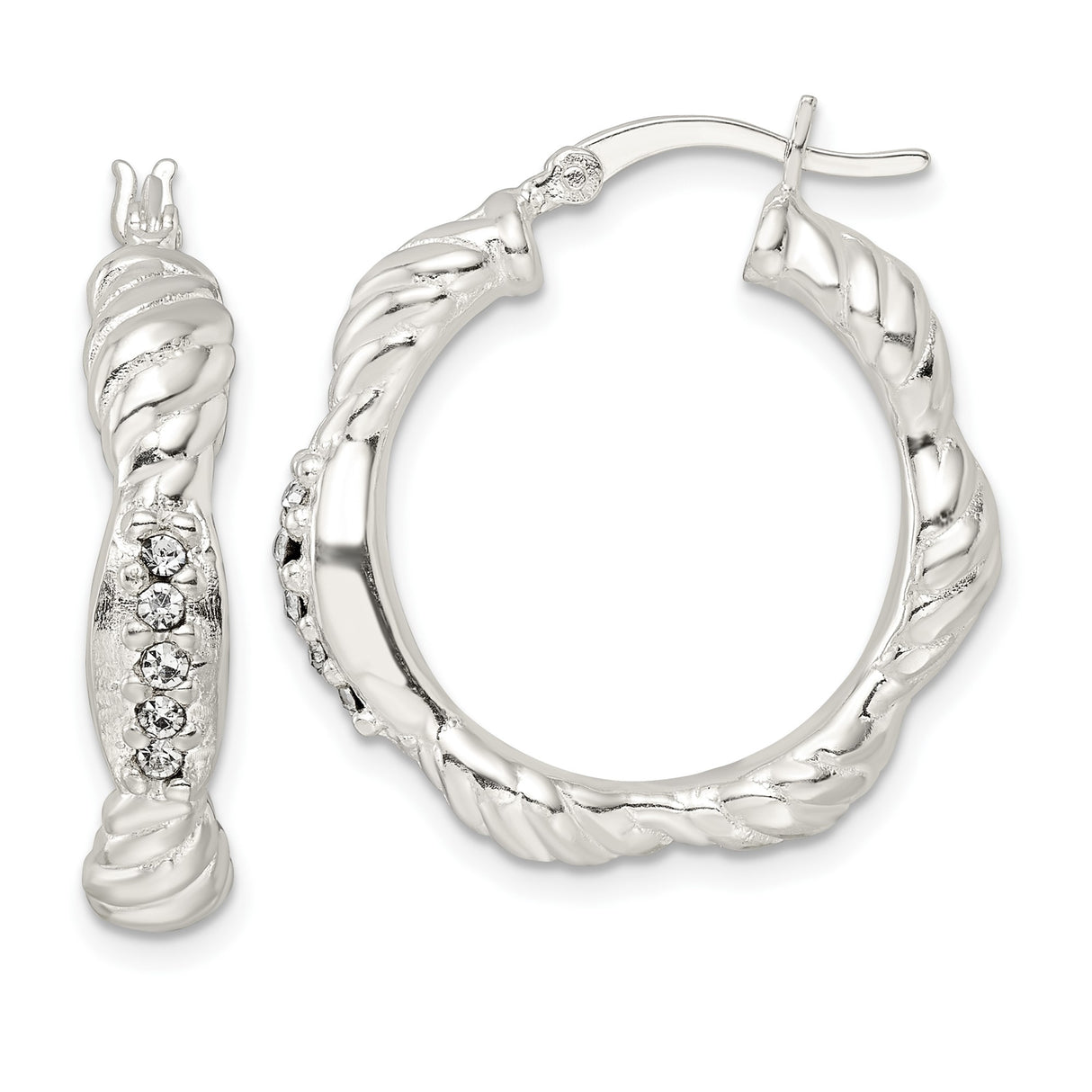Sterling Silver Hoop Earrings with Cubic Zirconia, Twisted Rope Design, Scalloped Edges
