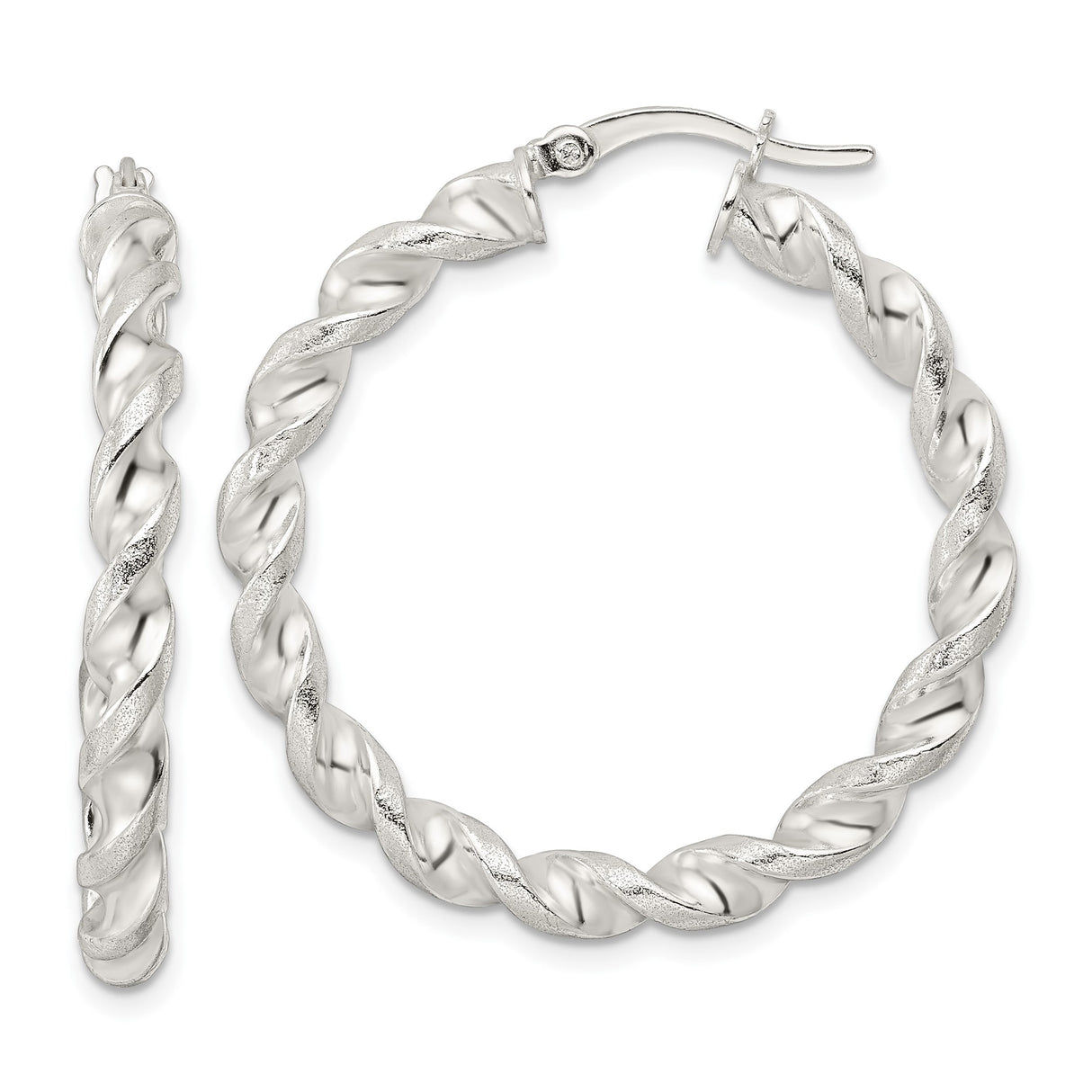 Sterling Silver Twisted Rope Hoop Earrings with Polished Textured Design for Women