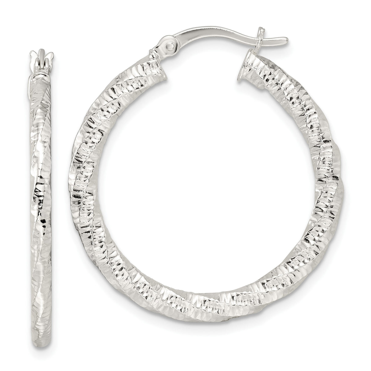 Sterling Silver Hoop Earrings, Twisted Hammered Texture with High-Polish Finish