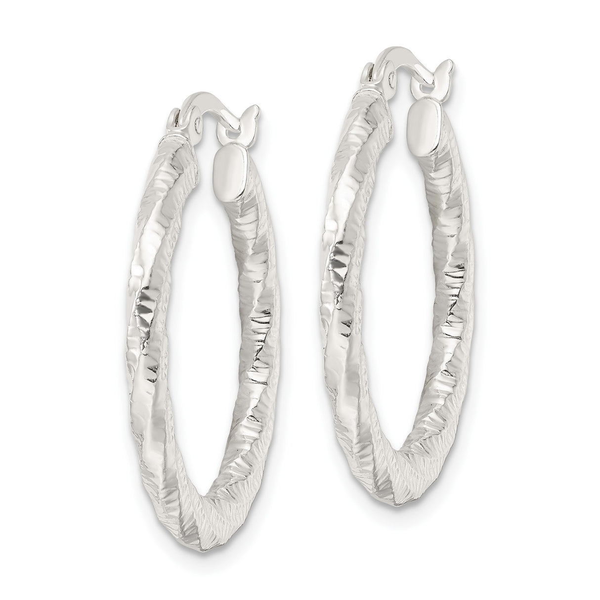 Sterling Silver Hoop Earrings, Hammered Twisted Design with Textured Polished Finish