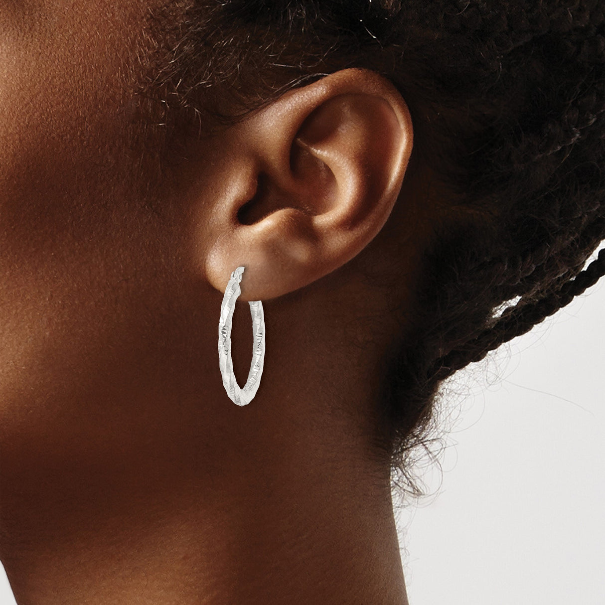 Sterling Silver Hoop Earrings, Hammered Twisted Design with Textured Polished Finish
