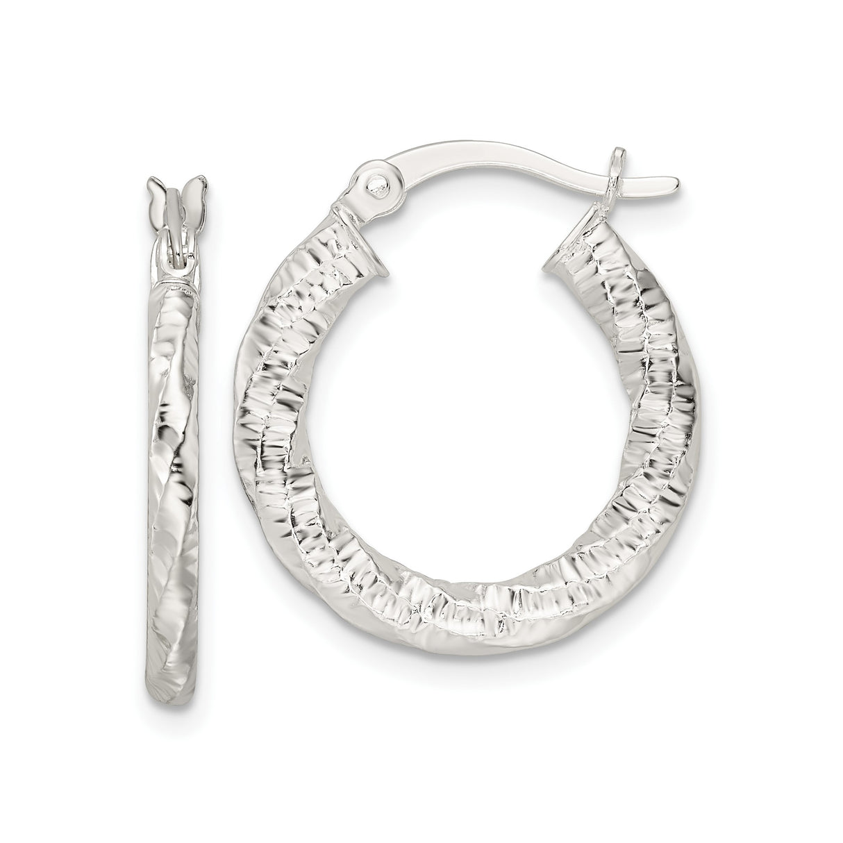 Sterling Silver Twisted Hoop Earrings with Hammered Textured Finish, Lightweight Round Design