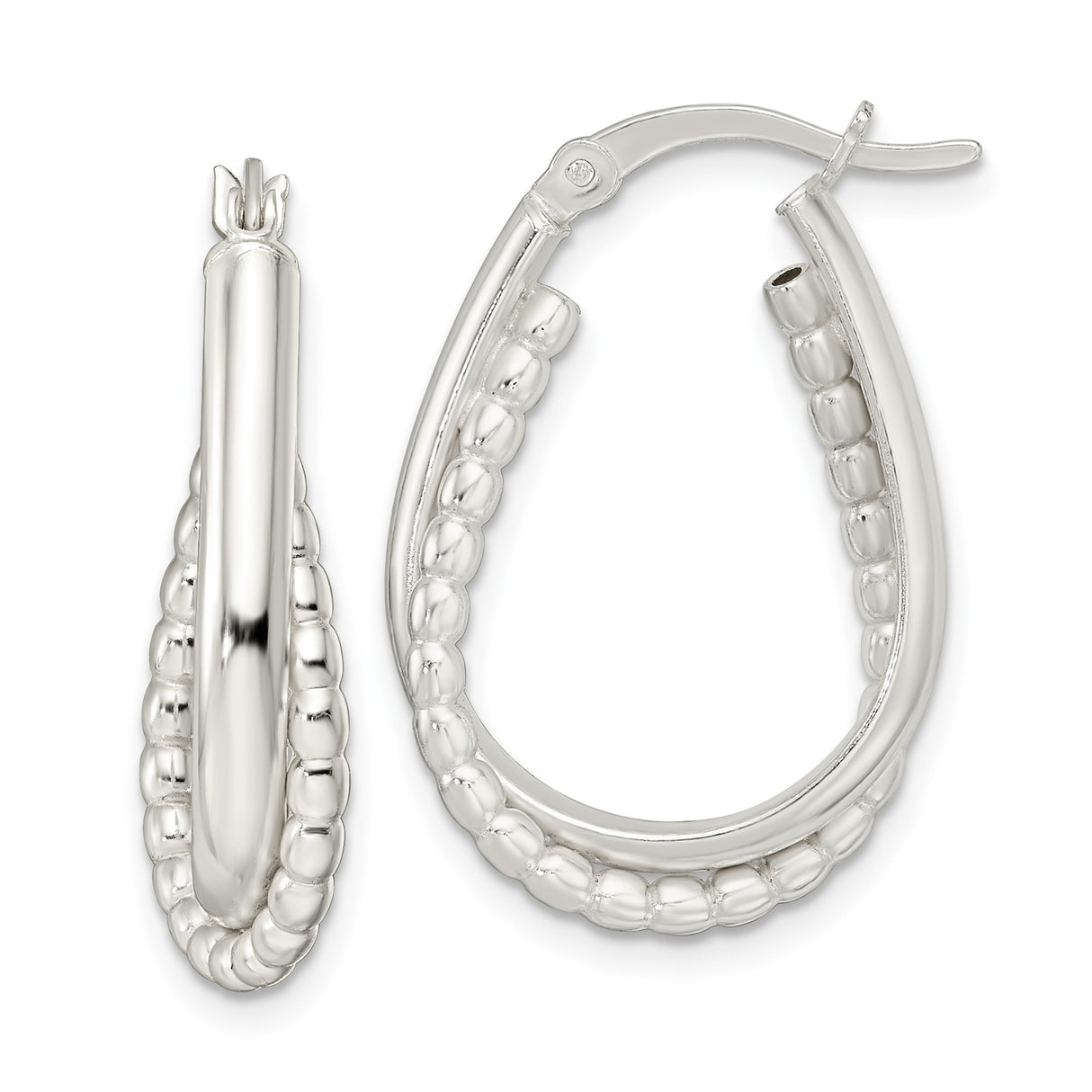 Sterling Silver Teardrop Hoop Earrings with Polished Finish and Beaded Edge for Women
