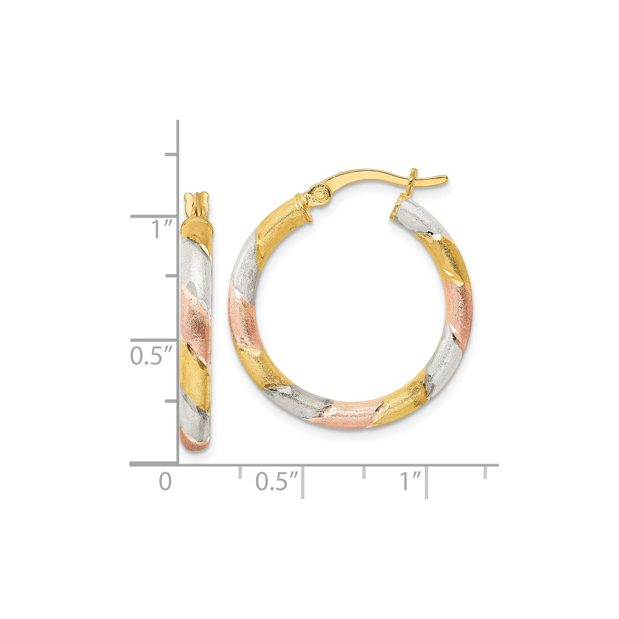 Sterling Silver Hoop Earrings with Tri-Color Gold Plating and Diamond Cut Twist Design for Women