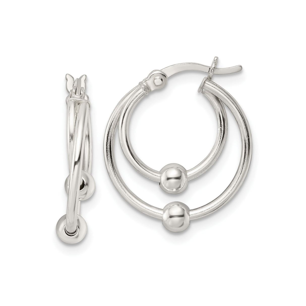 Sterling Silver Hoop Earrings with Double Hoop Design and Polished Ball Accents