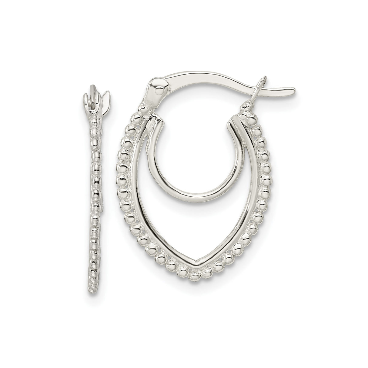 Sterling Silver Teardrop Hoop Earrings with Textured Beaded Edge, Lightweight Oval Design