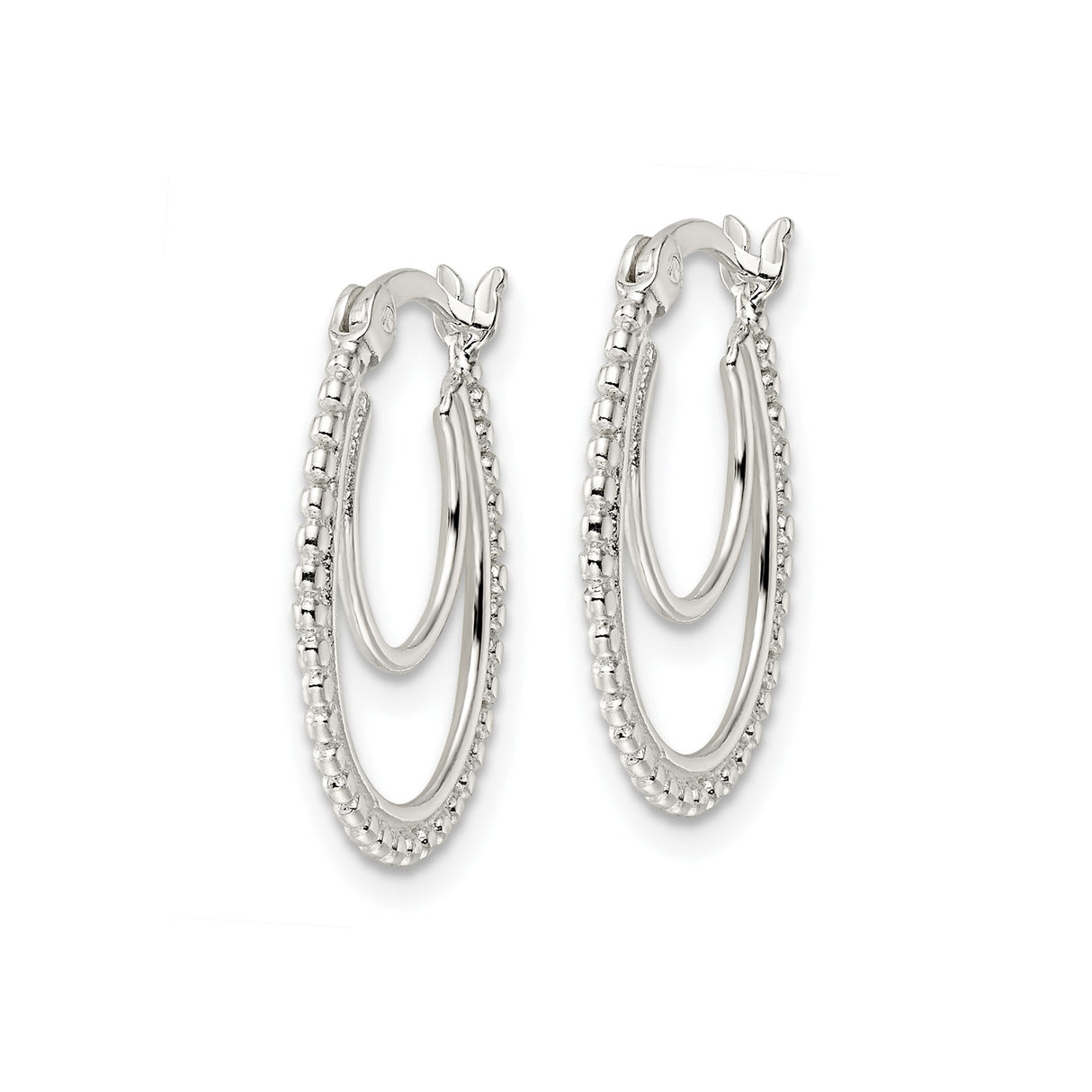 Sterling Silver Beaded Hoop Earrings with Textured Double Layer Design