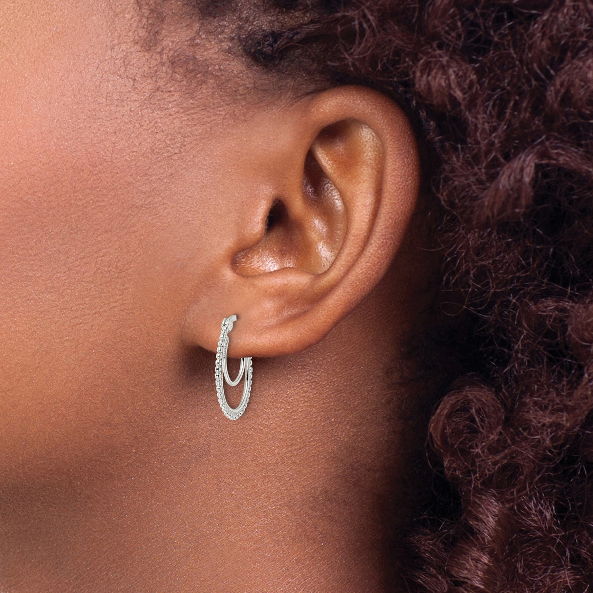 Sterling Silver Beaded Hoop Earrings with Textured Double Layer Design