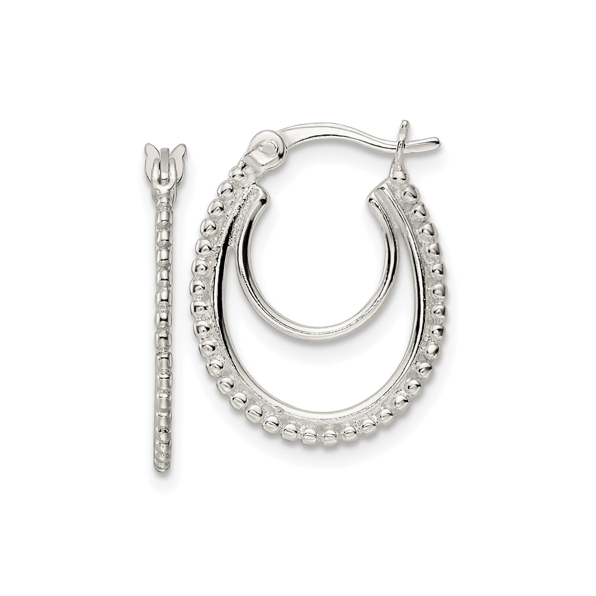 Sterling Silver Beaded Hoop Earrings with Textured Double Layer Design