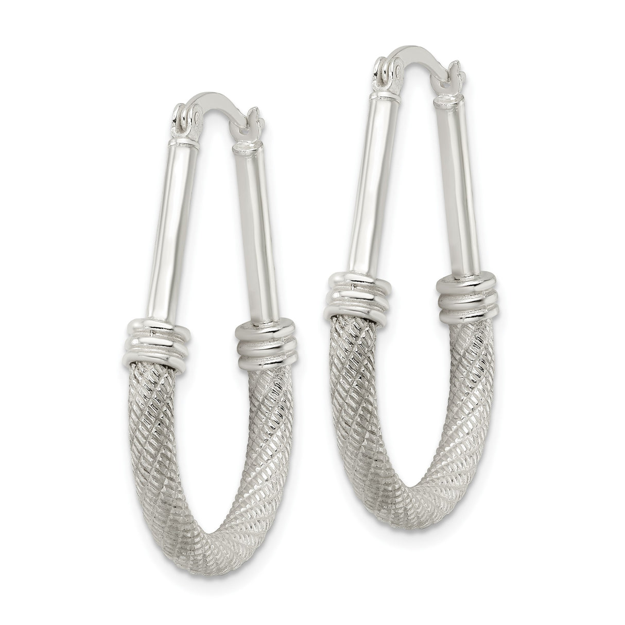 Sterling Silver Teardrop Hoop Earrings with Woven Rope Texture and Polished Accents