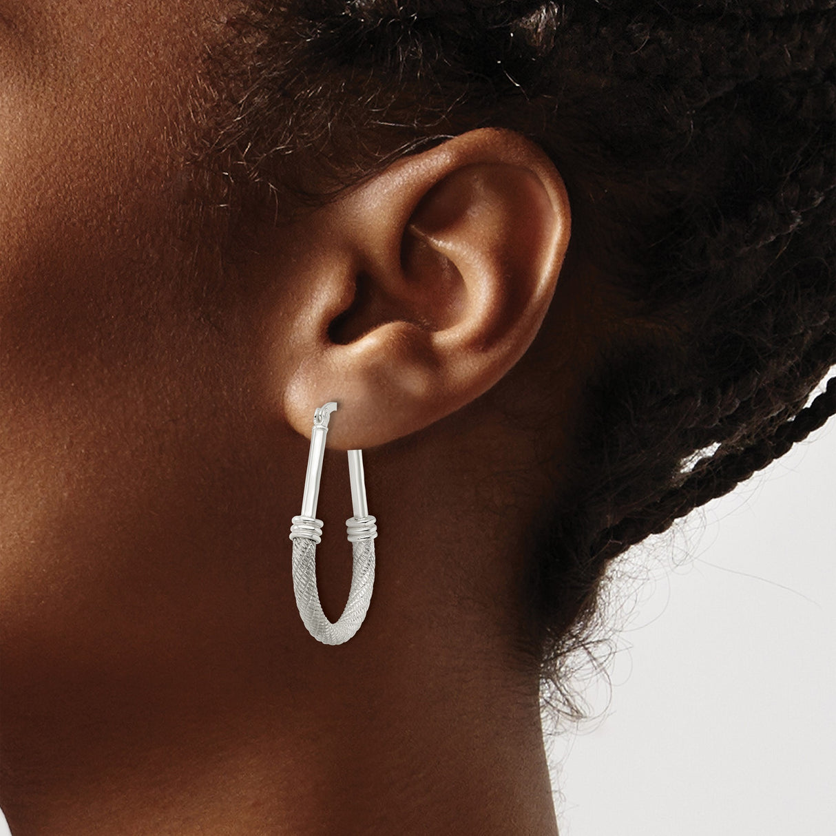 Sterling Silver Teardrop Hoop Earrings with Woven Rope Texture and Polished Accents
