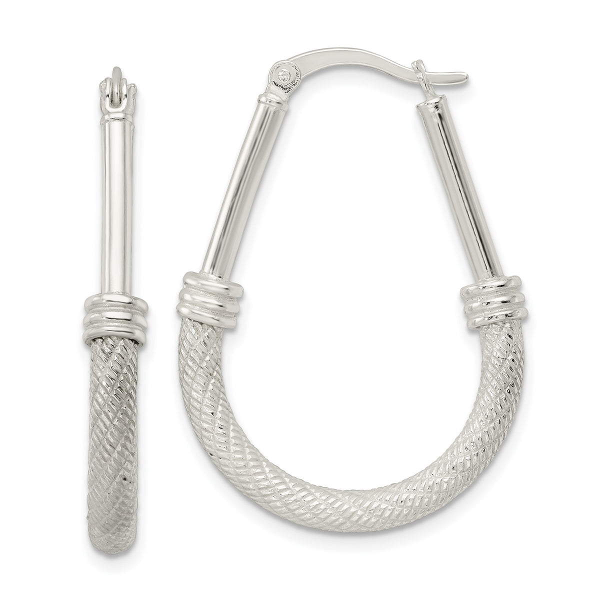 Sterling Silver Teardrop Hoop Earrings with Woven Rope Texture and Polished Accents