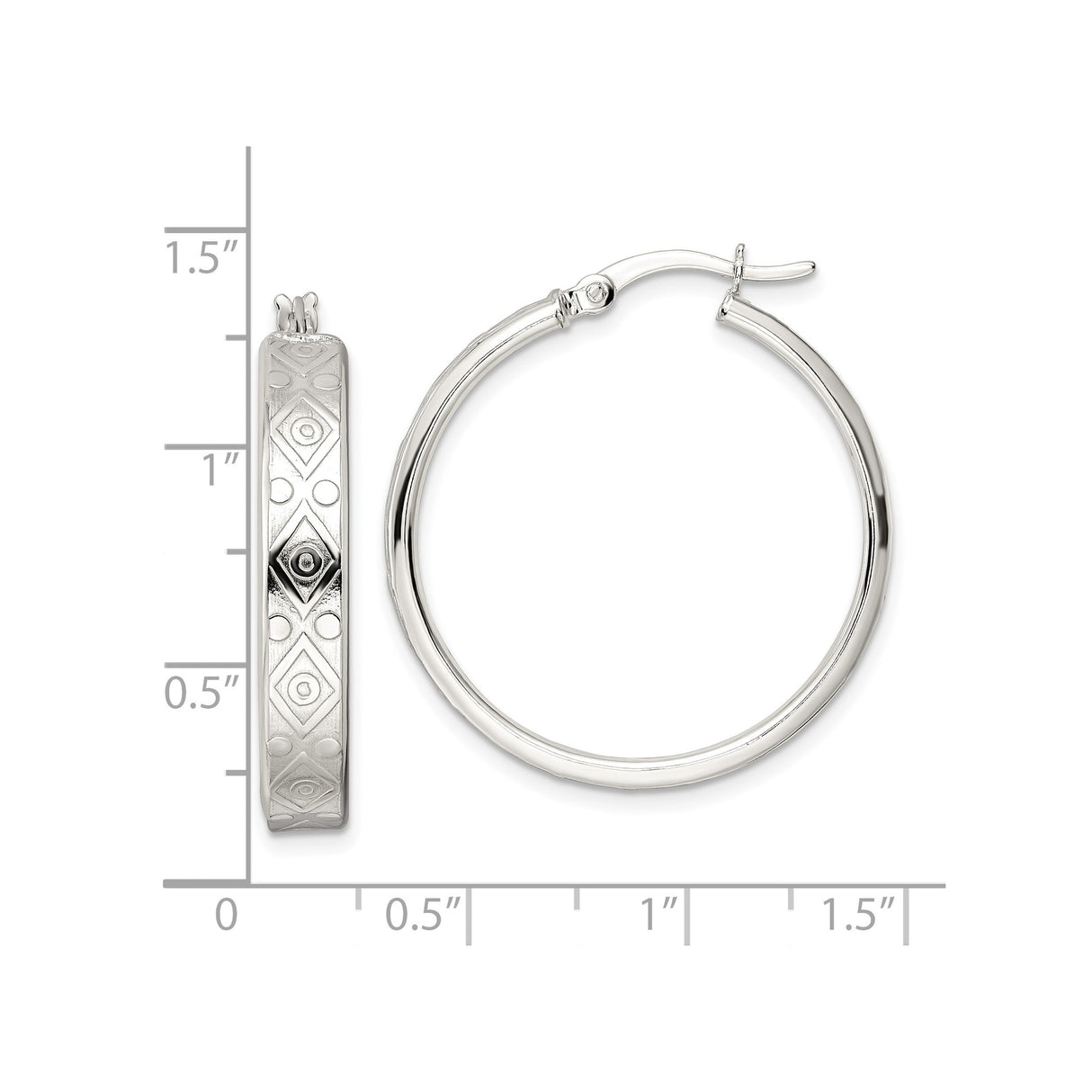 Sterling Silver Hoop Earrings with Geometric Diamond Cut and Etched Circle Design