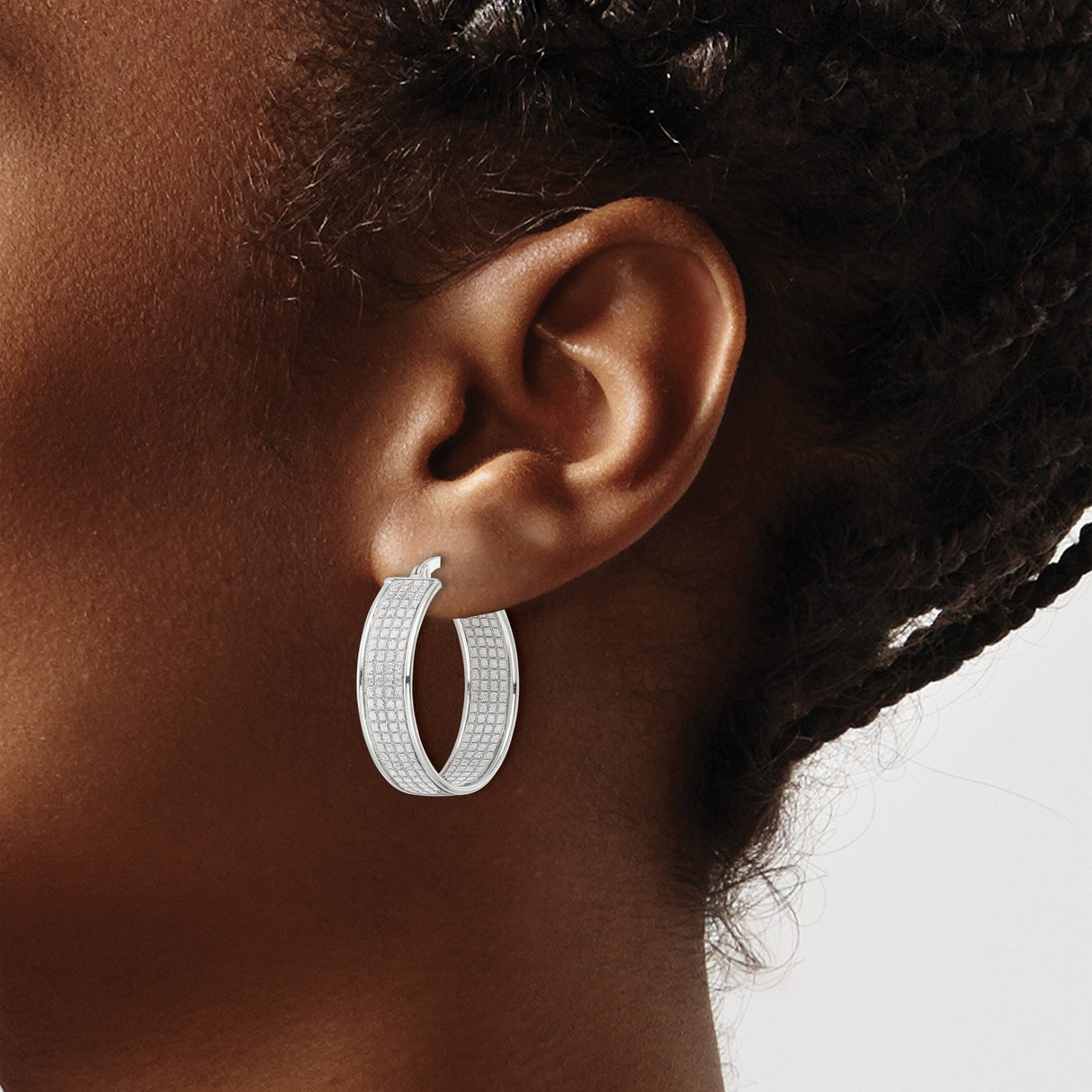 Sterling Silver Hoop Earrings with Diamond-Cut Grid Pattern and Polished Finish