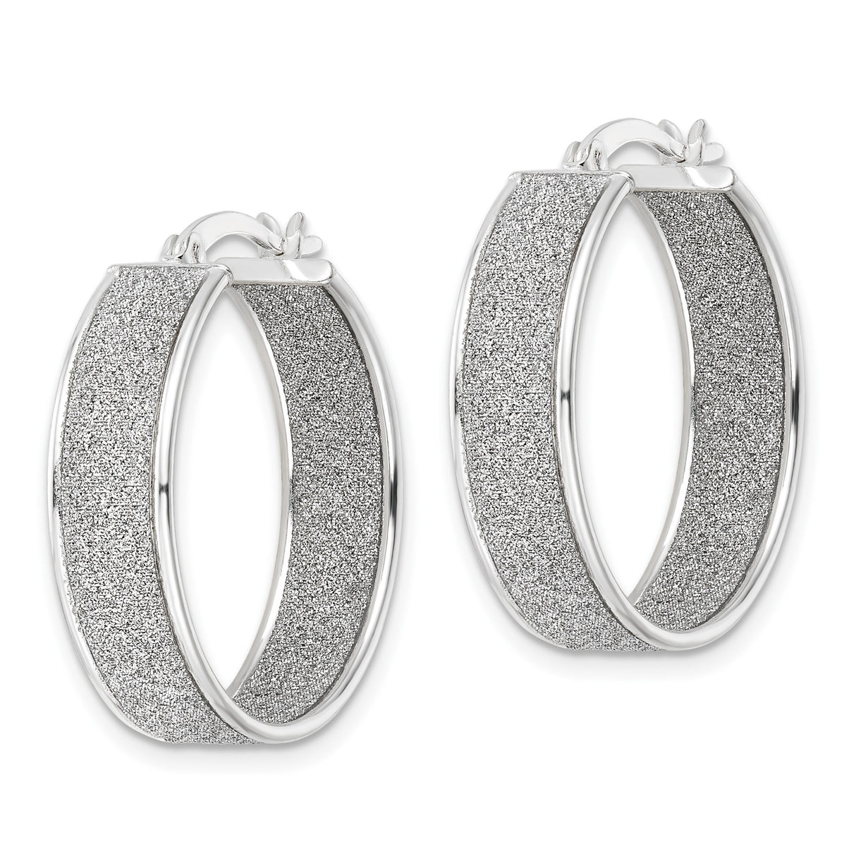 Sterling Silver Hoop Earrings with Glitter Finish and Textured Center Band