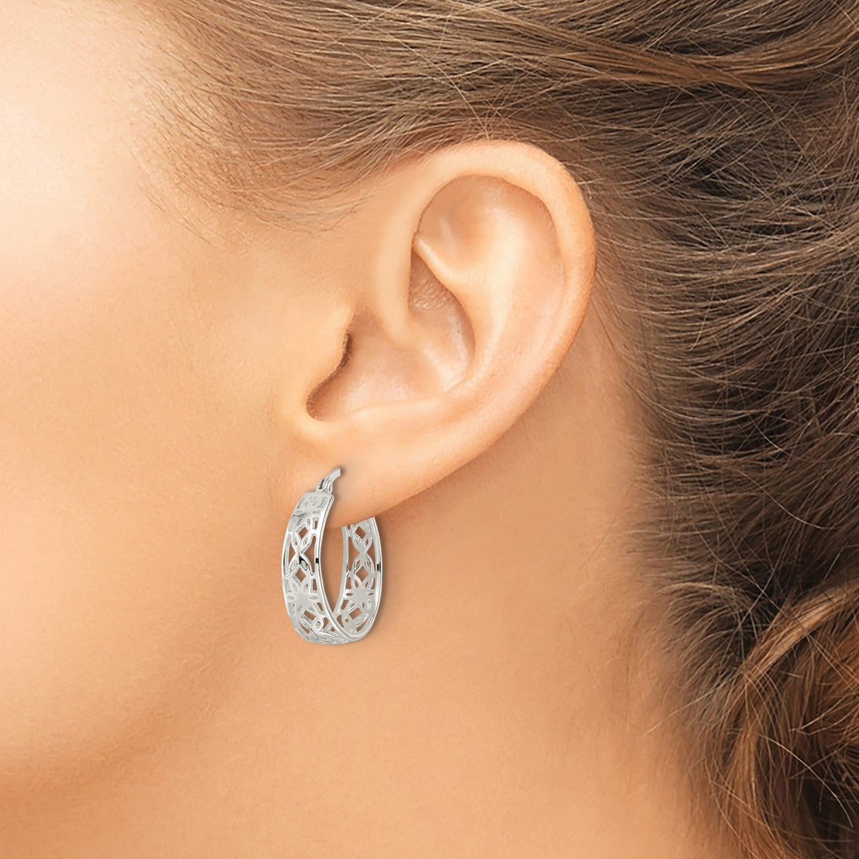 Sterling Silver Hoop Earrings with Filigree Cutout Design and Geometric Motifs