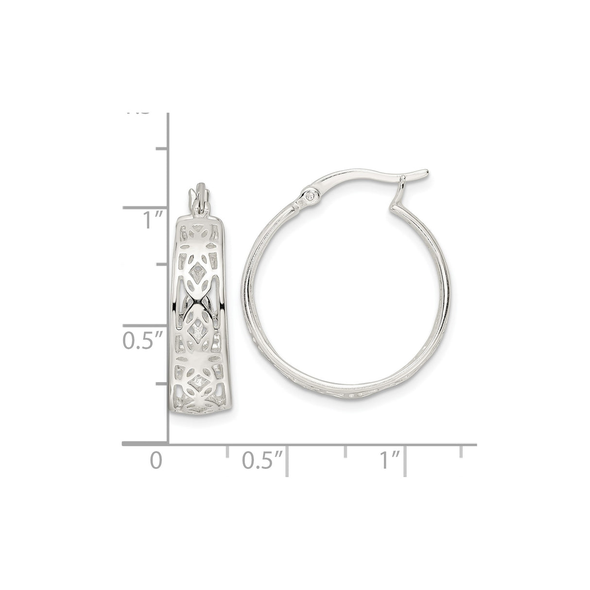 Sterling Silver Hoop Earrings with Filigree Cutout Design and Geometric Motifs
