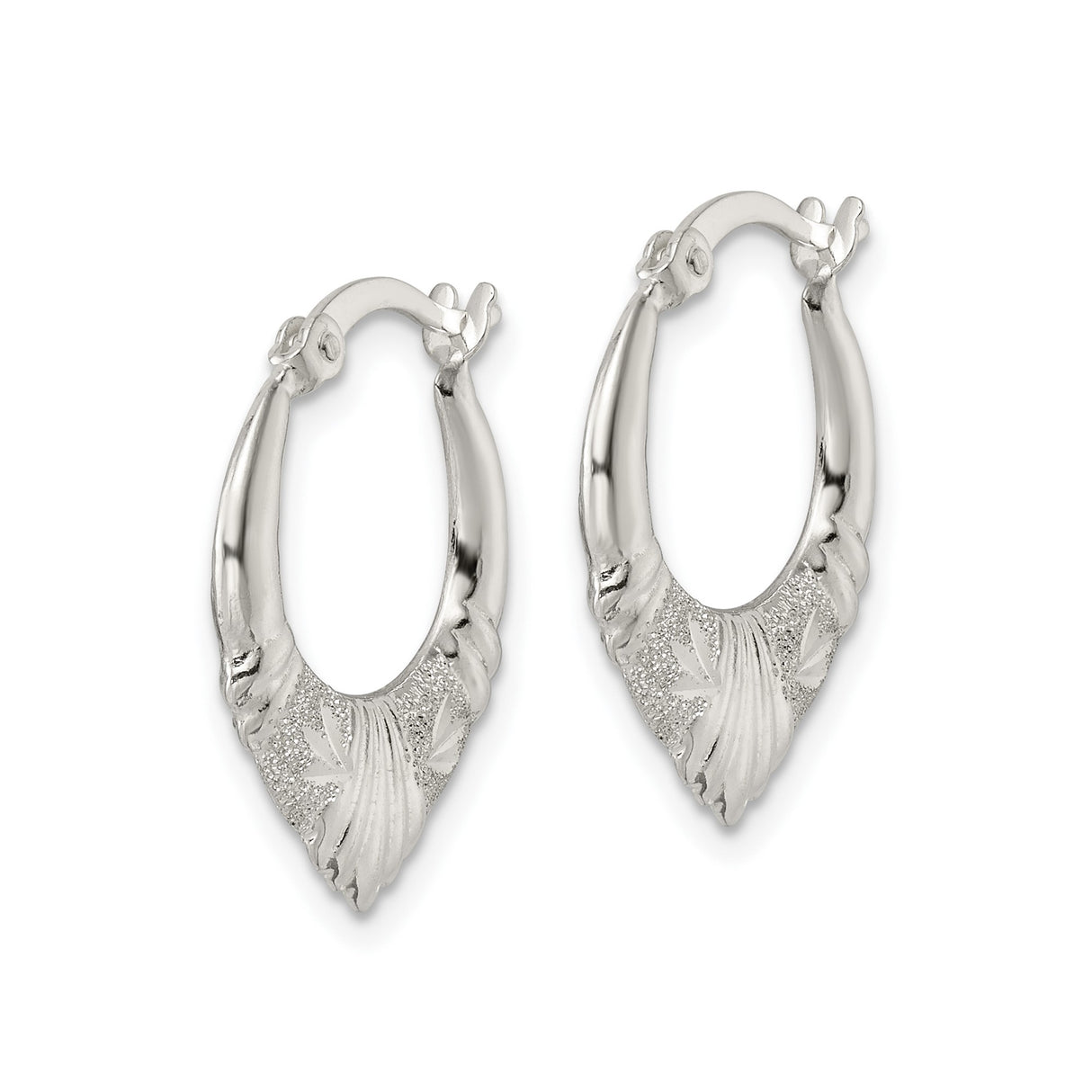 Sterling Silver Hoop Earrings, Textured Diamond-Cut Scalloped Design, Lightweight Polished Finish