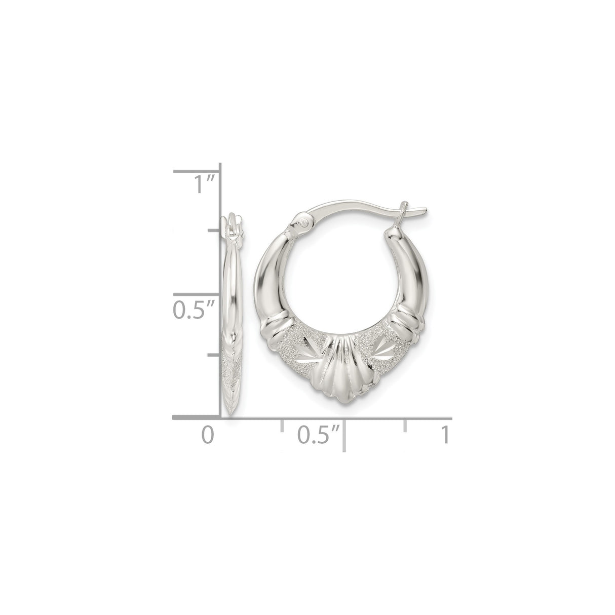 Sterling Silver Hoop Earrings, Textured Diamond-Cut Scalloped Design, Lightweight Polished Finish