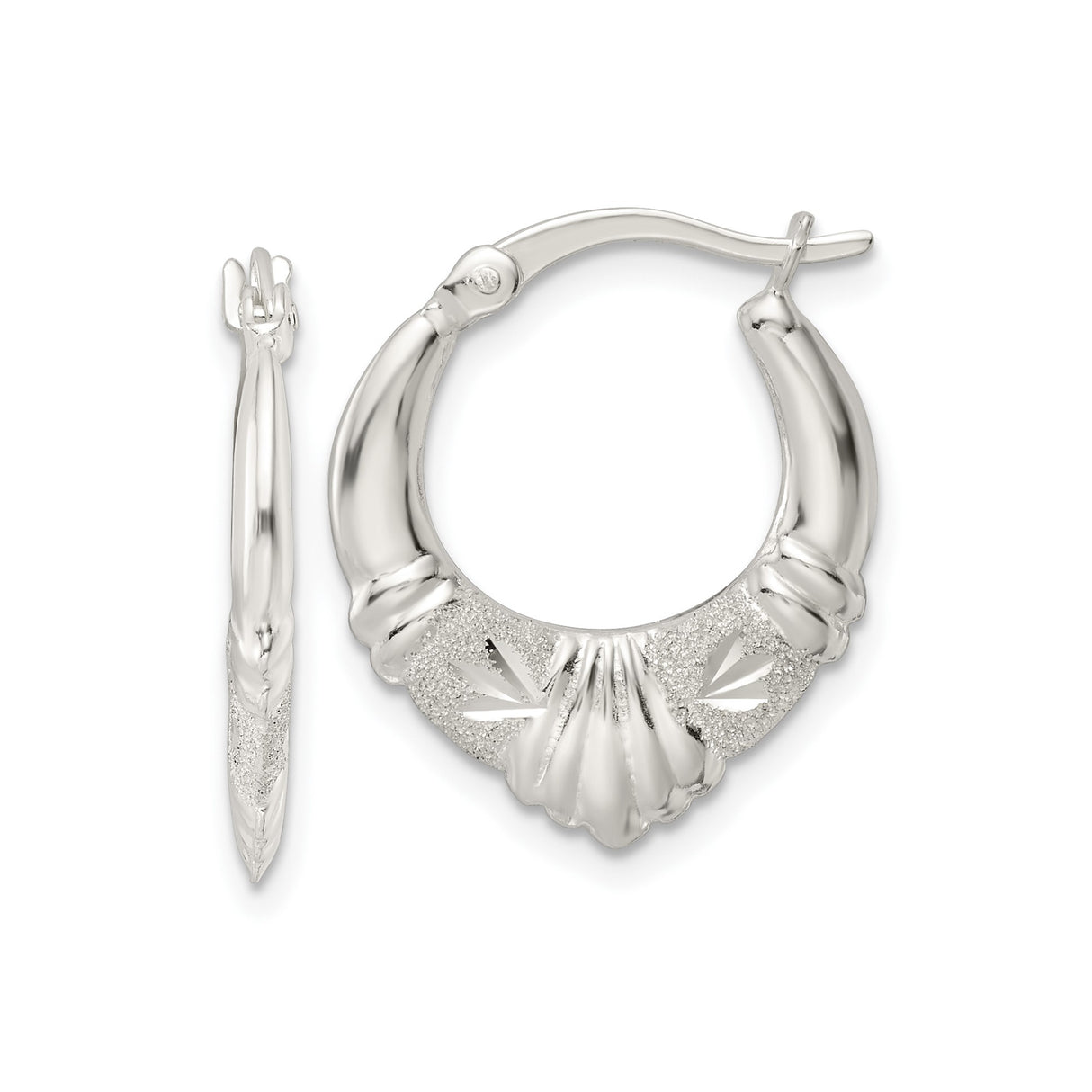 Sterling Silver Hoop Earrings, Textured Diamond-Cut Scalloped Design, Lightweight Polished Finish
