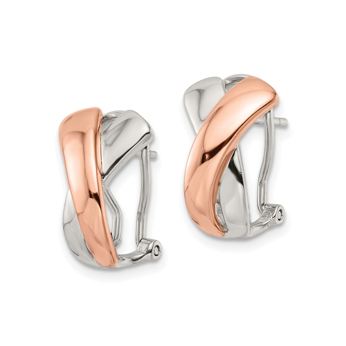 Sterling Silver Crossover Hoop Earrings with Rose Gold Plating, Twisted Design, X Detail