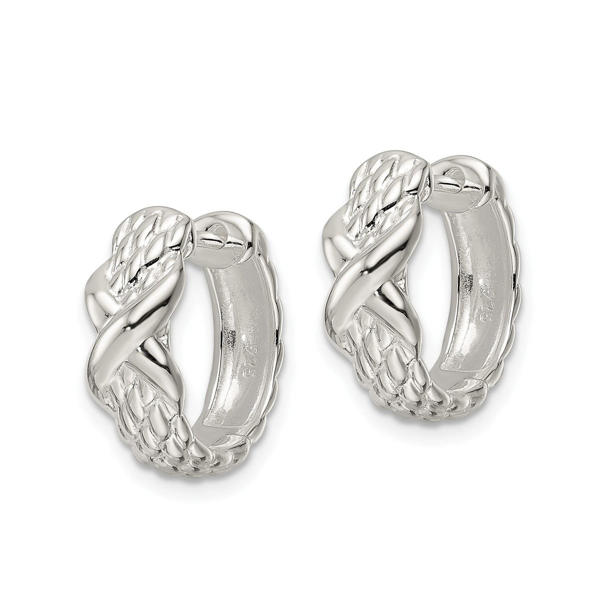 Sterling Silver Hoop Earrings with Woven Texture and Polished X Design