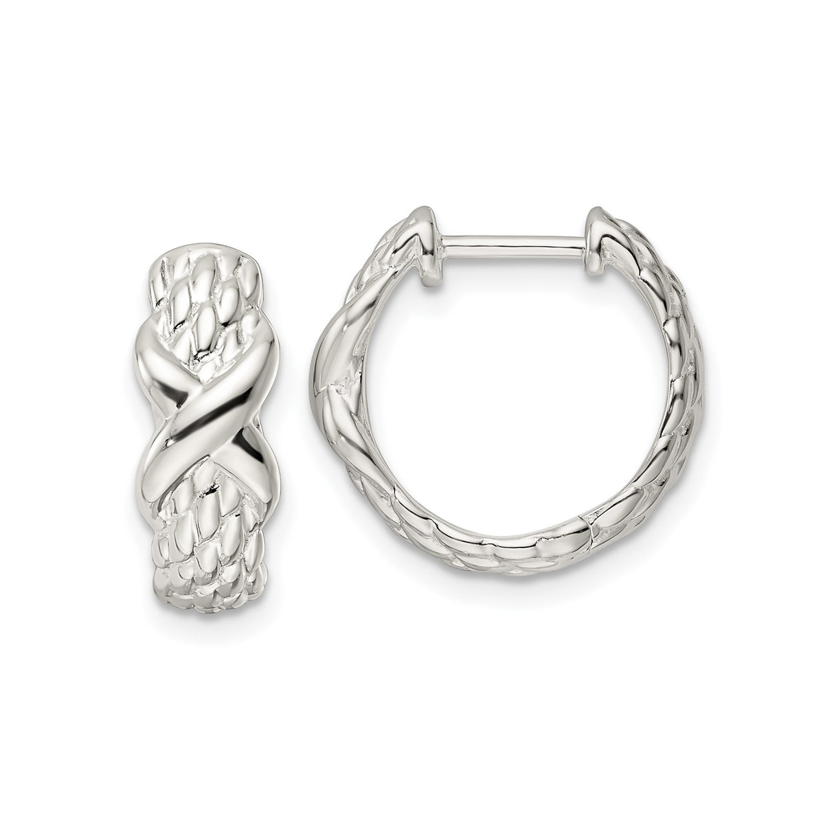 Sterling Silver Hoop Earrings with Woven Texture and Polished X Design