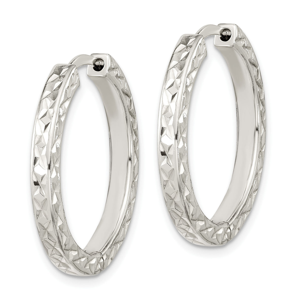 Sterling Silver Hoop Earrings with Diamond Cut Textured Square Tubes and Locking Clasp