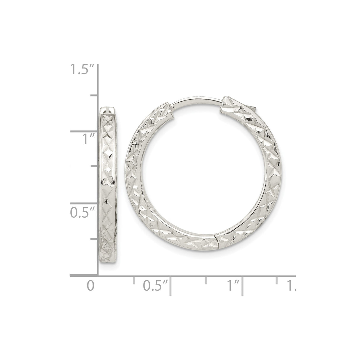 Sterling Silver Hoop Earrings with Diamond Cut Textured Square Tubes and Locking Clasp