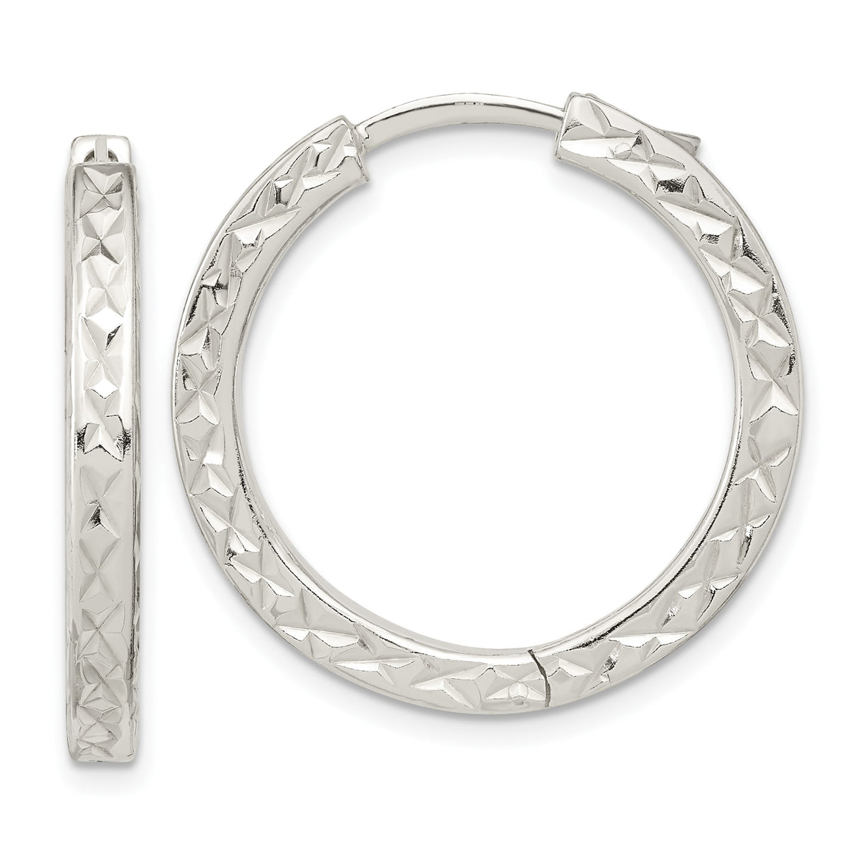 Sterling Silver Hoop Earrings with Diamond Cut Textured Square Tubes and Locking Clasp
