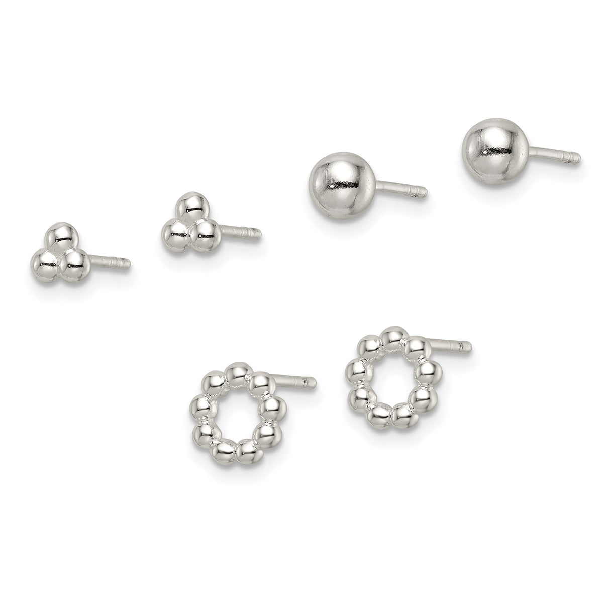 Sterling Silver Stud Earrings Set with Geometric Ball Designs in Round, Triangle, Bar, and Circle Shapes