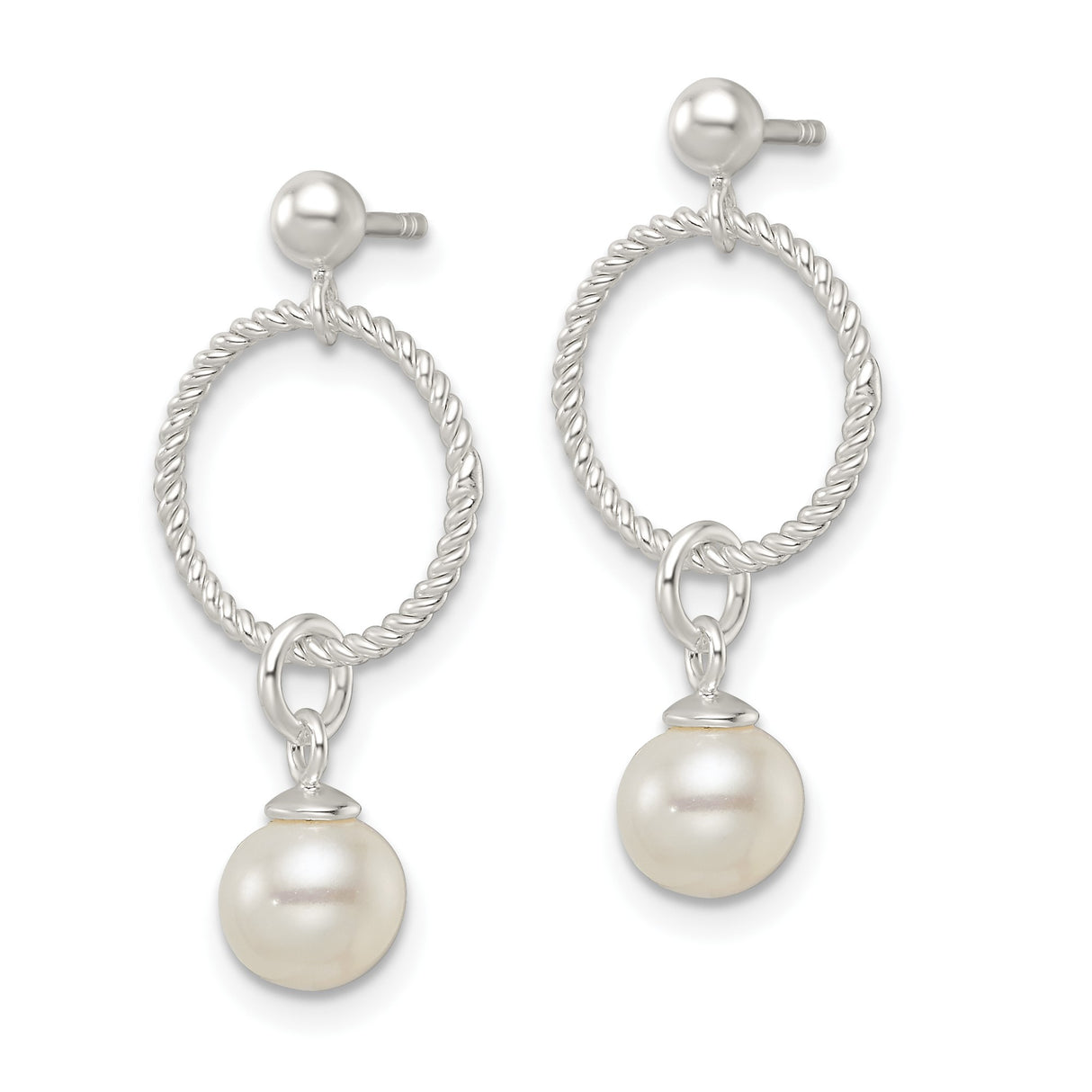 Sterling Silver Dangle Earrings with Simulated Pearl Drops, Twisted Rope Circle and Bar Design