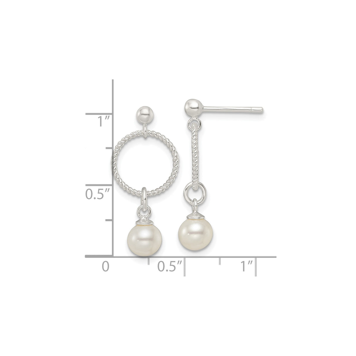 Sterling Silver Dangle Earrings with Simulated Pearl Drops, Twisted Rope Circle and Bar Design