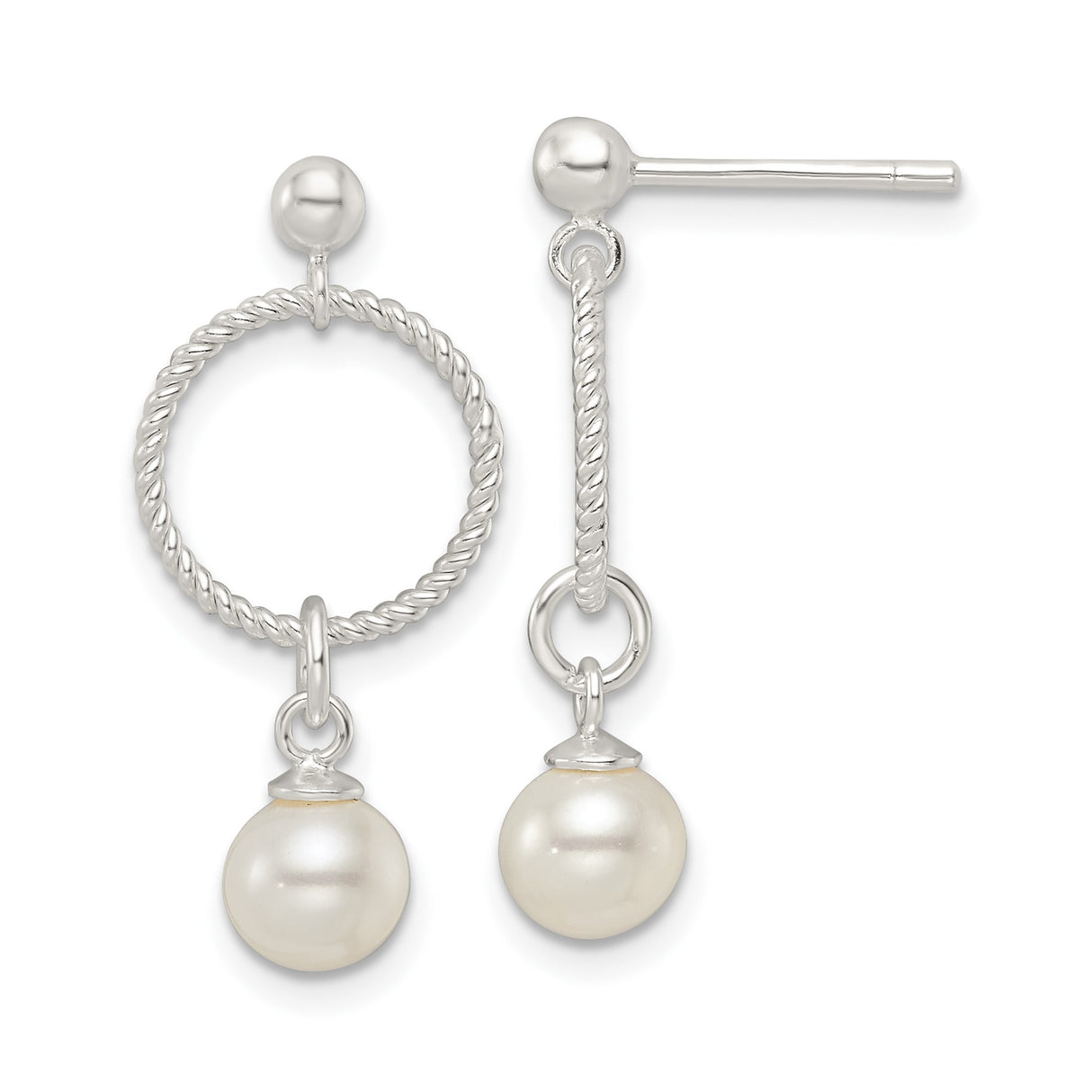 Sterling Silver Dangle Earrings with Simulated Pearl Drops, Twisted Rope Circle and Bar Design
